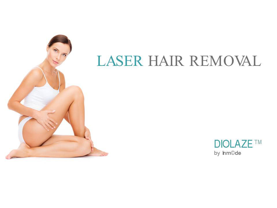 Gesundheit und Beauty-Konzept - schöne Frau im weißen Baumwoll-Unterwäsche in Profil sitzend Gesicht nach vorne gedreht, ihre beiden Händen auf Bein haltend. Daneben die Inschrift Laser Hair Removal Diolaze by Inmode