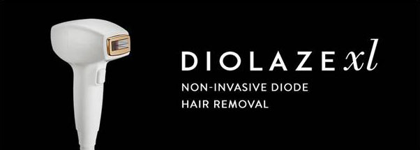 Der Kopf des Laser Haar Entfernungsmodules Diolaze XL von InMode für die nicht Invasive Behandlungen im Bereich dauerhafte Laser Haarentfernung. Daneben die Inschrift Diolaze XL Non Invasive Diode Hair Removal